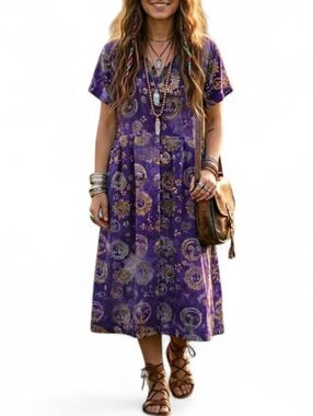 Vintage Silk Road Sun Moon Celestial Batik Rayon Midi Dress S/M